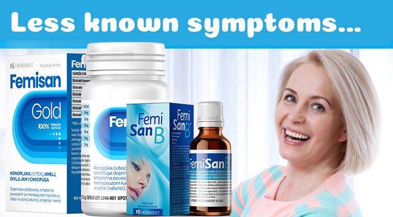Symptoms of menopause, a smiling woman and Femisan Gold and B