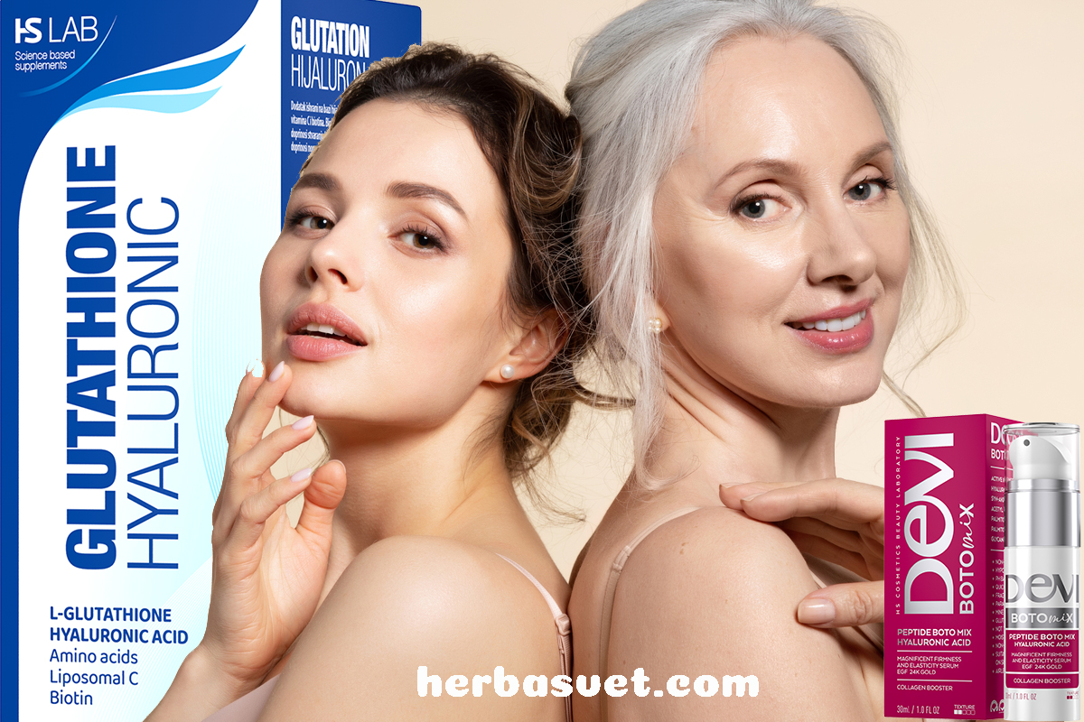 Women posing next to the Glutathione Hyaluronic supplement and Devi Botomix serum