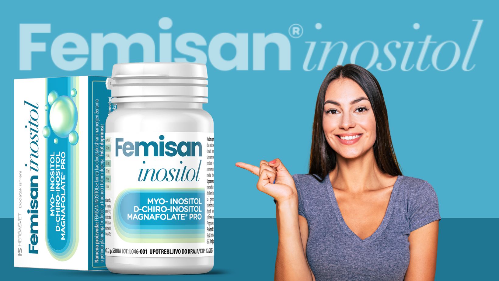 Žena pokazuje na Femisan Inositol